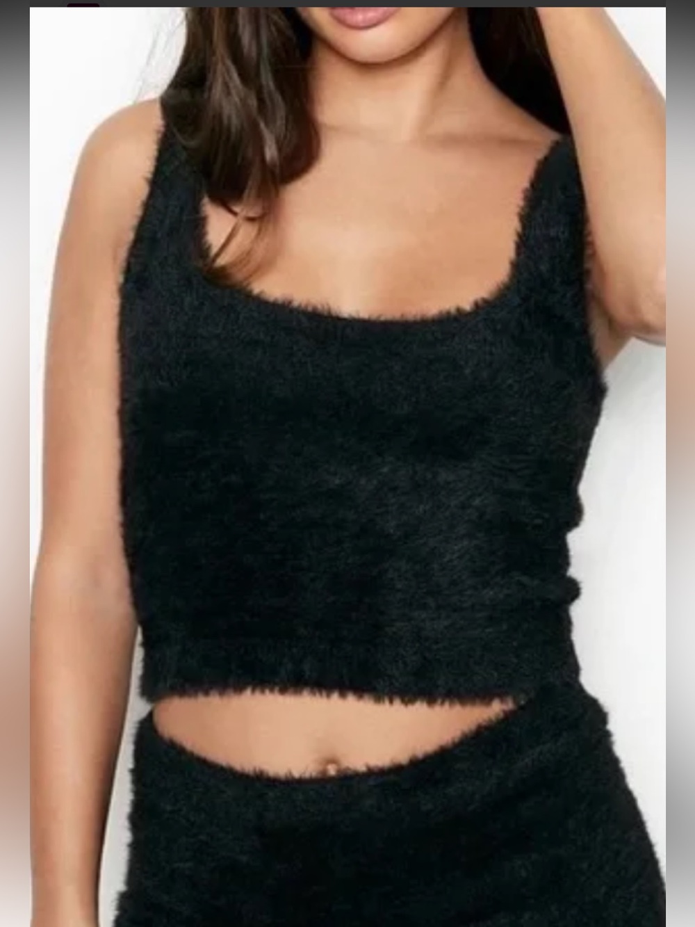 Victoria's Secret Sexy Black Fuzzy Crop Stretchy Tank Sz L
